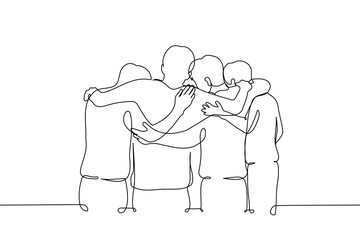 group of men stands hugging their shoulders - one line vector. concept teamwork, friends, male friendship
