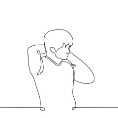 man stands stretching his neck holding with both hands - one line vector. self-massage concept
