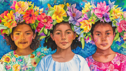 Three girls, each with flowers in their hair, are smiling and standing together in this candid portrait