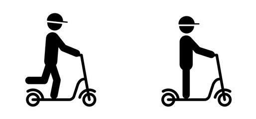 Ride on a bike or step on street or road. Kids bicycl sign. City bicycle icon. electric scooter biker. Child cyclist. E scooter logo. Modern ecology vehicle. stickman on a ebike. Battery charging.