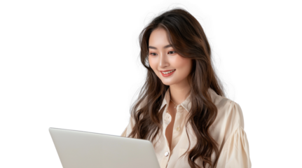 Young Asian Woman Using Laptop on Transparent