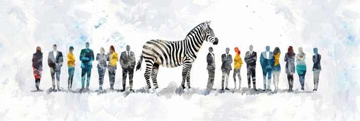 A zebra stands in front of a gathered crowd of people, creating a unique encounter between wildlife and humans