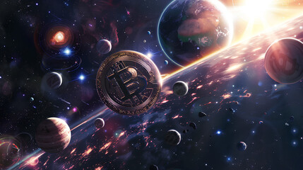 A cosmic event where planets align in the shape of the Bitcoin symbol, illustrating the universal impact of cryptocurrency on finance, Finance Banking Financial Business
