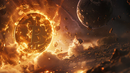 A cosmic event where planets align in the shape of the Bitcoin symbol, illustrating the universal impact of cryptocurrency on finance, Finance Banking Financial Business - obrazy, fototapety, plakaty