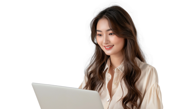 Young Asian Woman Using Laptop on Transparent