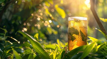 Iced tea with lemon in glass surrounded by greenery