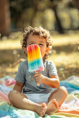 Toddler with curly hair enjoying a colorful popsicle outdoors