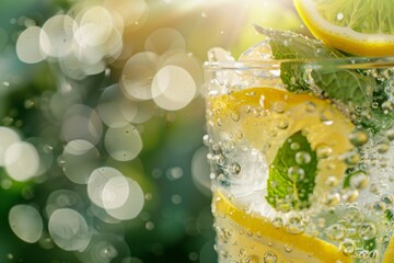Lemon slices and mint in bubbling glass of lemonade
