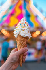 Hand holding melting ice cream cone with sprinkles at carnival