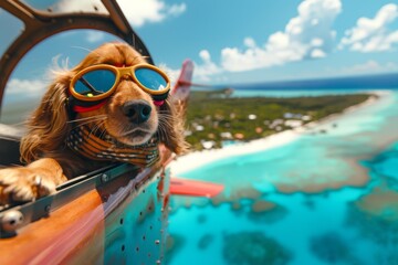 Dog in goggles leaning out of plane over tropical island