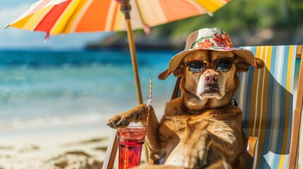 Labrador with floral hat sipping drink on tropical beach