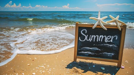 Starfish and chalkboard with summer text on sandy beach