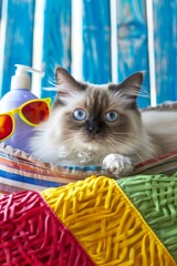 Blue-eyed Ragdoll cat lounging in vibrant striped hammock