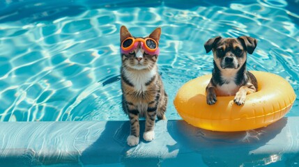 Pool day for snorkel cat and dog with float, summertime fun