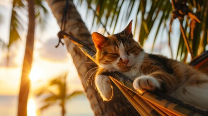 Sleepy calico cat enjoying sunset from a hammock between palms