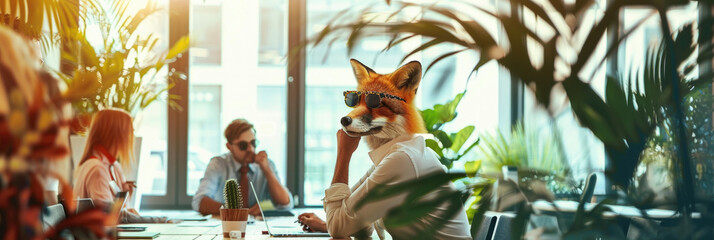 Obraz premium A fox with sunglasses perched on its snout sits casually at a table, looking around with a cool demeanor