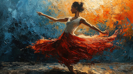 Gorgeous Ballet Dancer Dancing Ballerina in Orange Ballerina Dress Artistic Brush Stroke on Canvas