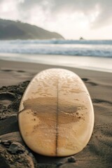 Surfboard on sandy shore with approaching ocean waves