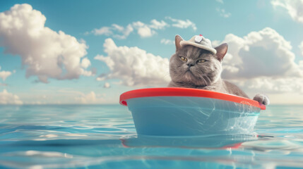 Content British Blue cat in hat lounging in a toy boat