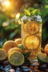 Sparkling lemonade in jar with lemon slices and mint