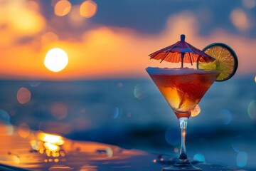 Sunset cocktail with ocean view and citrus garnish