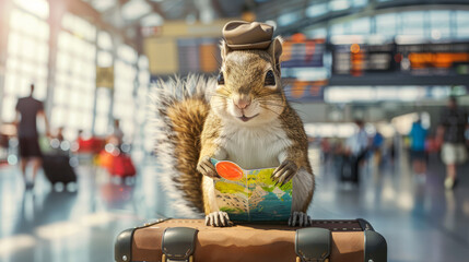 Smiling squirrel with travel map on vintage suitcase at terminal