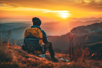 Man sitting at mountain summit during sunset