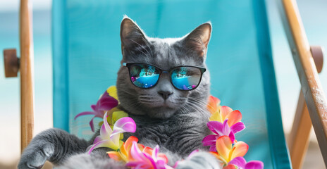Relaxing Russian Blue cat in sunglasses and flower lei