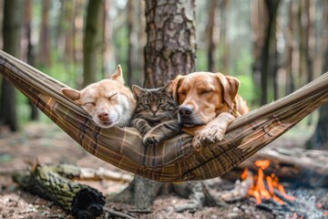 Fototapeta premium Dog and cat sleeping in hammock in forest campsite