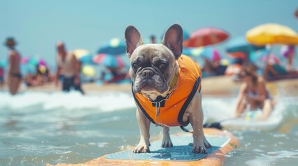 Determined french bulldog in life jacket surfing at a crowded beach - obrazy, fototapety, plakaty