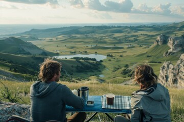 Couple enjoying homemade meal overlooking scenic hills - obrazy, fototapety, plakaty