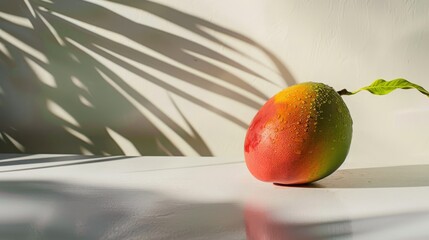 Ripened mango with dewdrops in sunlight and shadow