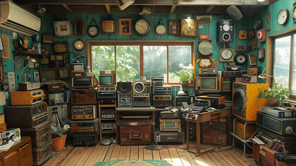 A room filled with an eclectic collection of vintage electronics including radios, televisions, and clocks, all arranged in a cluttered yet visually intriguing manner.