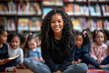 Joyful Young Girl with Curly Hair Smiling in a Library with Children.
