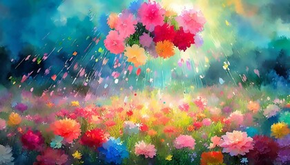 A surreal scene where flowers seem to be raining from the sky, creating a carpet of blooms on the ground, blending fantasy and nature in a whimsical display.