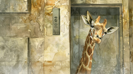 A giraffe poking its head out of a door in a playful manner, showcasing its long neck and distinctive markings