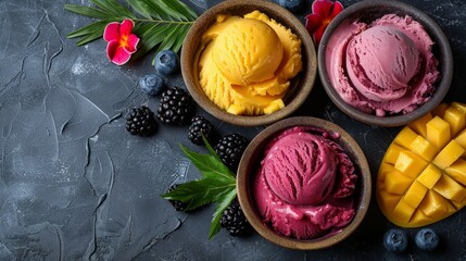 Tropical fruit sorbet swirls with palm leaves and hibiscus flowers on colorful background