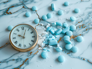 A broken clock and blue pills strewn across a cracked marbled surface, representing urgency and the concept of waiting in healthcare. 