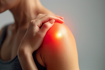 Woman holding painful inflamed shoulder. 