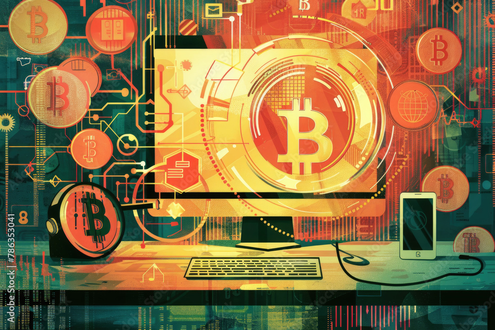 Poster a computer screen showing a digital representation of a bitcoin symbol, symbolizing cryptocurrency a