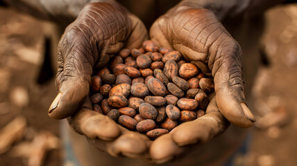 A handful cocoa beans in the hands of an african farmar. Chocolate shortage