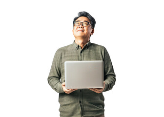 East Asian Man with Laptop Looking Upwards