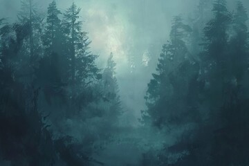 mysterious fog shrouded forest with ethereal atmosphere digital painting - obrazy, fototapety, plakaty