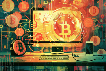 A computer screen showing a digital representation of a bitcoin symbol, symbolizing cryptocurrency and digital transactions