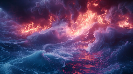 Dramatic scene of fiery red clouds above turbulent blue ocean waves, depicting a surreal and intense natural contrast.