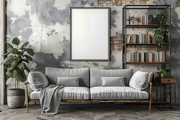 A mockup poster frame 3d render in an antique shelving unit, above a contemporary couch, studio apartment, Scandinavian style interior design, hyperrealistic