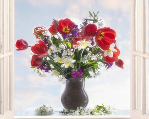 Vase with bouquet of spring flowers on sky background
