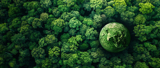 Earth Day. World Environment Day. Aerial top view of green forest and globe planet Earth in the left