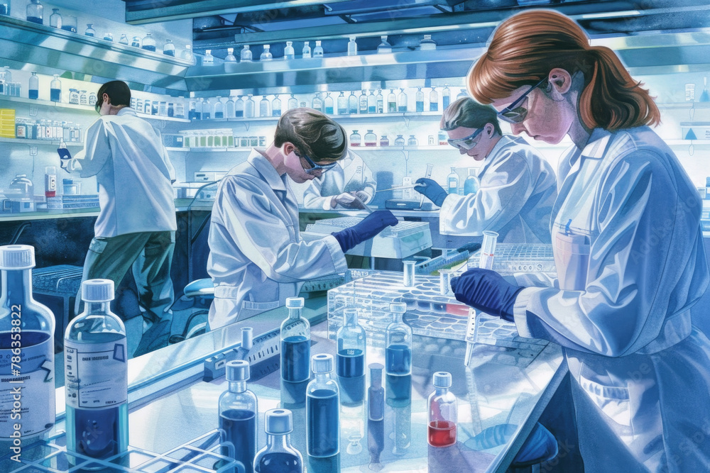 Poster diverse team of researchers conducting experiments in a modern laboratory setting equipped with scie