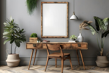 A mockup poster frame 3d render in an office table, above a modern chest drawer, study room, Scandinavian style interior design, hyperrealistic